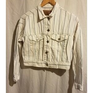 American Eagle Women Crop White‎ Blue Striped Denim Jacket Size XS Junior